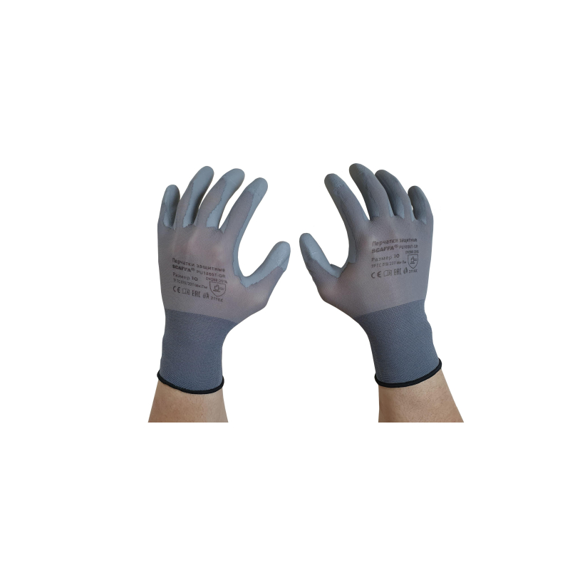 Перчатки защитные нейлон с п/у 18кл серые SCAFFA PU1850T-GR р.10