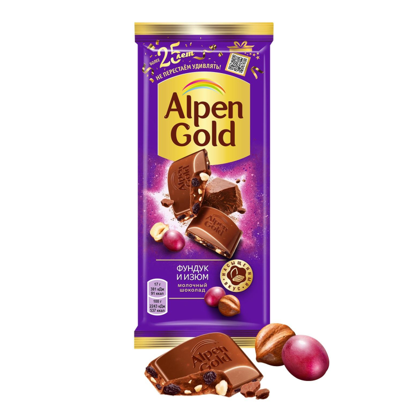 Шоколад Alpen Gold плитка молочн. с фунд и изюмом