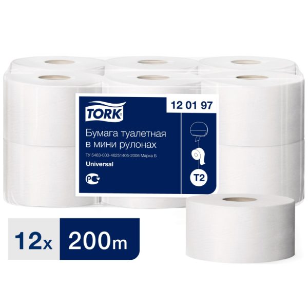 Бумага туалетная д/дисп.Tork Universal Т2 1сл бел втор 200м 12рул/уп 120197