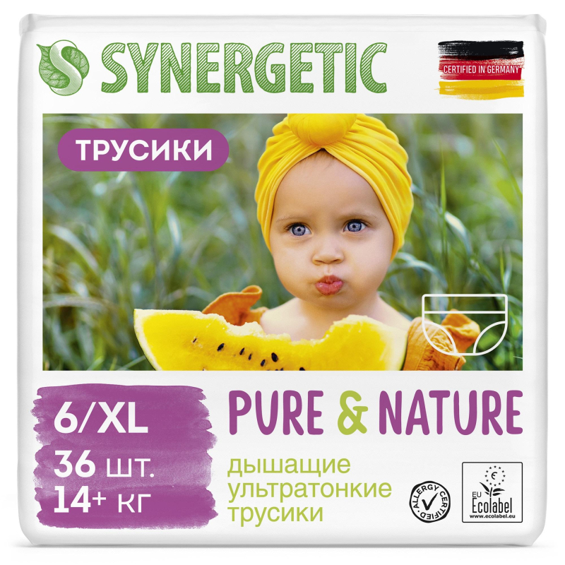 Подгузники -трусики для детей  SYNERGETIC Pure&Nature  6 / XL  36шт/уп