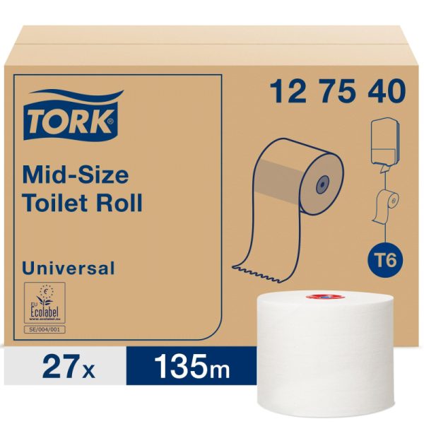 Бумага туалетная д/дисп Tork Mid-size Т6 Universal 1сл бел135м 27рул 127540